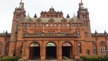 Front entrance to the Kelvingrove Art Gallery and Museum. Note the Brushes With War banners in the archways